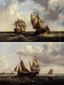 A Royal Naval Two-decker, Cutter And Fishing Barges In Crowded Waters