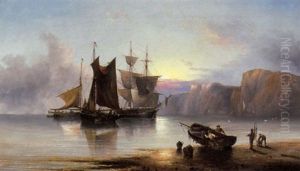 An Anchored Merchantman And Traders Off The North East Coast At Dusk