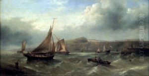 Batar Vid Hamninlopp Vid Engelska Kusten. I Bakgrunden Hog Kust Med Byggnader by Henry Redmore