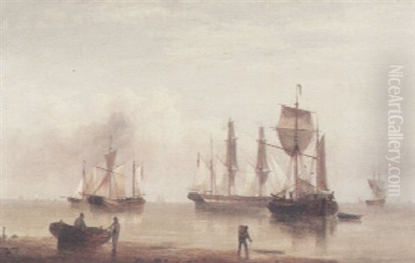 A Coastal View With Shipping Offshore And Figures And A Dinghy On The Shore In The Foreground - view 1