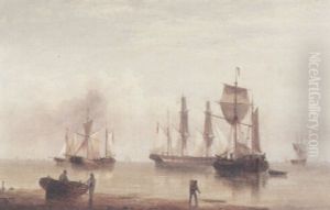 A Coastal View With Shipping Offshore And Figures And A Dinghy On The Shore In The Foreground