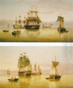 Men-of-war (+ Othert Shipping Anchored In A Calm; Pair) by Henry Redmore