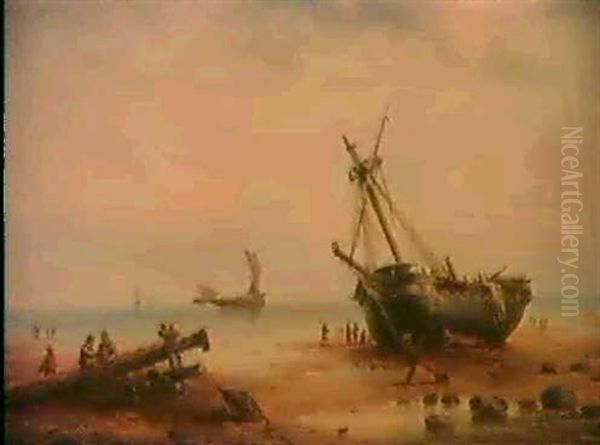 Figures By A Grounded Ship With Other Sailing Vessels In Calm Seas Beyond - view 1