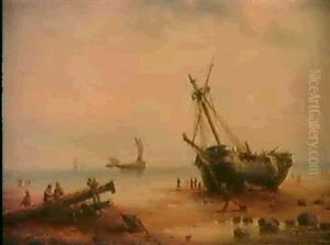 Figures By A Grounded Ship With Other Sailing Vessels In Calm Seas Beyond by Henry Redmore