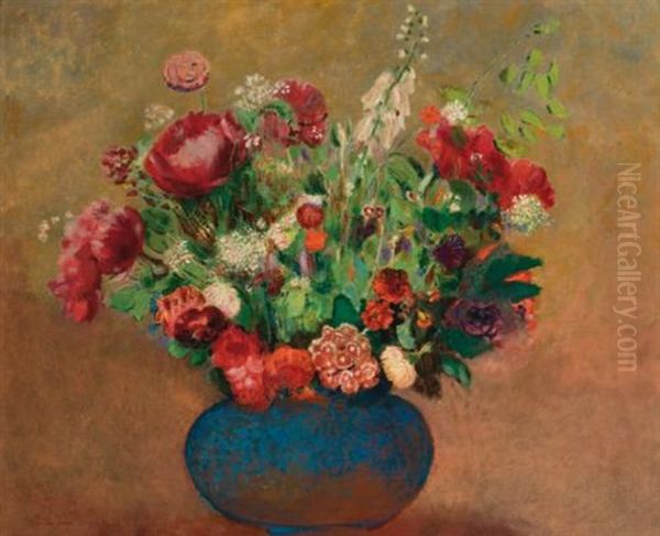 Pavots Et Oeillets De Poete Dans Un Vase Bleu - view 1