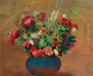 Pavots Et Oeillets De Poete Dans Un Vase Bleu