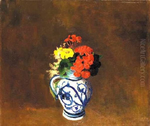 Fleurs Dans Un Vase A Motifs Bleus - view 1