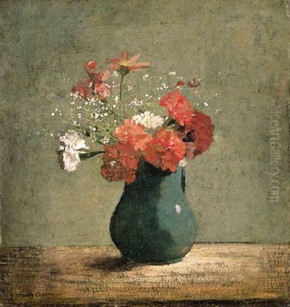 Oeillets Et Gypsophile Dans Un Pichet Vert - view 1