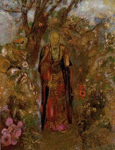 Bouddha Marchant Dans Les Fleurs