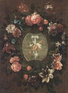A Garland Of Flowers Encircling A Lute And A Cornet Tied With A White Ribbon by Antoine Ferdinand Redoute