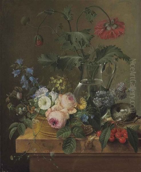 Red Anemones In A Glass Jar, Pink Roses, Narcissi, Convolvulus And Daisies In A Woven Basket, With Cherries, A Bird's Nest... - view 1
