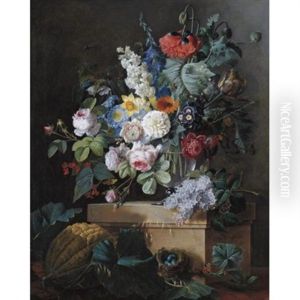 An Elaborate Still Life Of Flowers In A Glass Vase Resting On An Alabaster Pedestal With A Bird Nest And A Melon Below