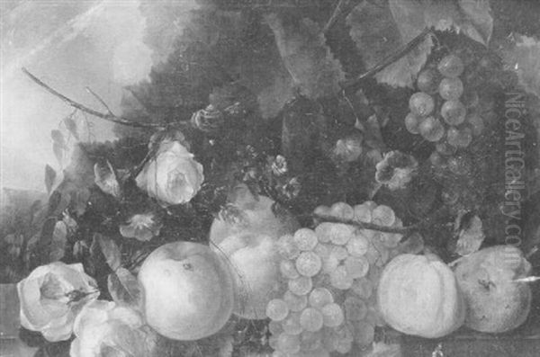 Nature Morte De Fruits Et Fleurs Sur Un Entablement De Marbre - view 1