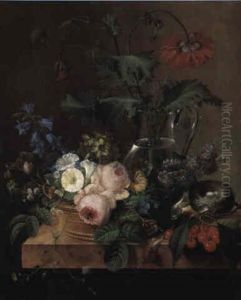 Red Anenomes In A Glass Jar With Other Flowers In A Basket On A Ledge by Pierre-Joseph Redoute