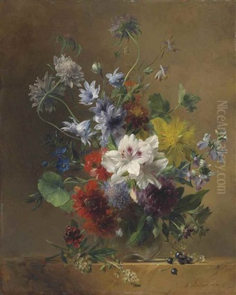 Summer Flowers In A Glass Vase On A Stone Ledge - view 1