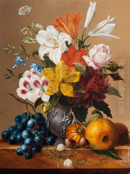 Still Life With Flowers In A Vase And Fruit And Hazelnuts On A Plinth - view 1