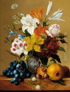 Still Life With Flowers In A Vase And Fruit And Hazelnuts On A Ledge