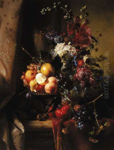 A Still Life With Roses, Hollyhocks And Other Flowers In A Glass Vase And Fruit On Tazza On A Marble Ledge