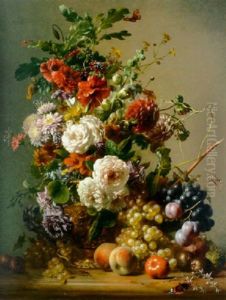 Dahlias, Nasturtiums, Roses And Other Flowers In A Copper Ewer With Plums, Grapes And Peaches On A Marble Ledge