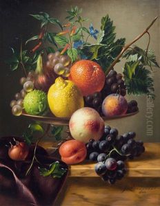 A Still Life With A Lemon, Peach, Prune, Fig And Grapes by Johannes Reekers