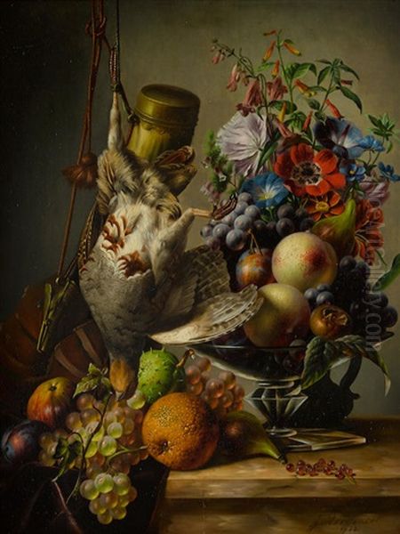 A Still Life With Game And Fruit On A Ledge - view 1