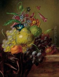 A Pear, Grapes, A Fig, An Apricot, A Horse-chestnut And Summer Blooms Flowers
