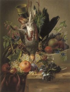 A Partridge, A Plover, Fruit And Flowers by Johannes Reekers