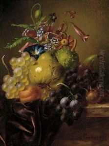 Grapes On The Vine, A Pear, A Peach, A Fig, A Horse Chestnut And Assorted Flowers On A Draped Stone Ledge