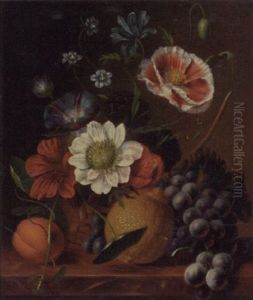 A Still Life With Flowers And Fruit On A Ledge by Johannes Reekers