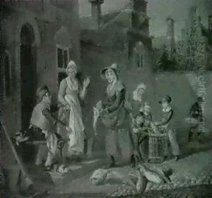Hollansk Gadescene Med Kone Der Fallbyder Fisk by Johannes (Jan) Reekers
