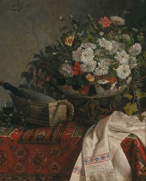 Stillleben Mit Blumen In Schale Und Weinflasche - view 1