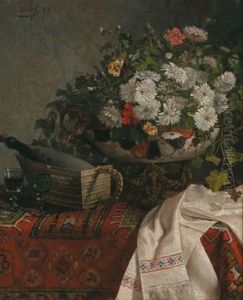 Stillleben Mit Blumen In Schale Und Weinflasche by Felix Elie Regamey