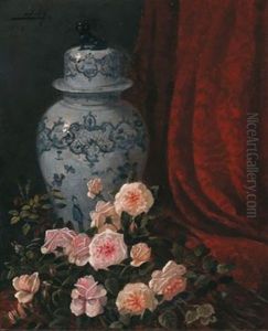 Stillleben Mit Rosen Und Chinesischer Deckelvase