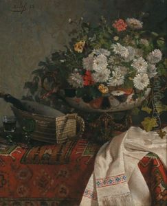 Stilleben Mit Blumen In Schale Und Weinflasche