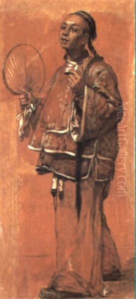 Chinese Man Holding A Fan And Smoking A Cigar - view 1