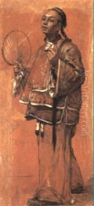 Chinese Man Holding A Fan And Smoking A Cigar