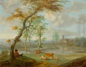 Shepherd With Cattle In A Landscape by Ignatius Josephus van Regemorter