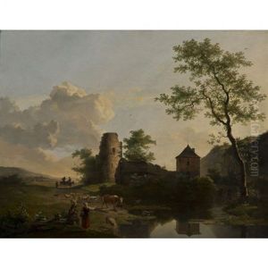 Bergers Et Leur Troupeau Pres De La Ferme by Ignatius Josephus van Regemorter