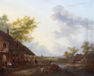 Rural Village Scene With Numerous Figures At An Inn