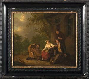 Scene Familiale Devant La Ferme by Petrus Johann Van Regemorter