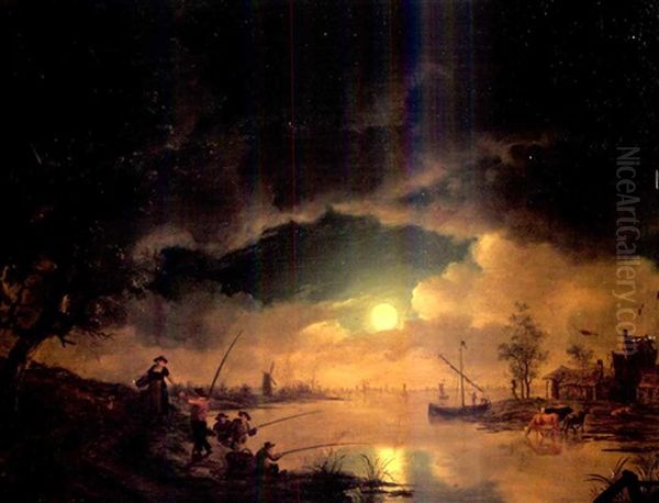 A Moonlit River Landscape With Fishermen, Cattle Watering By A Cottage Beyond - view 1