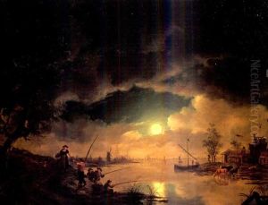 A Moonlit River Landscape With Fishermen, Cattle Watering By A Cottage Beyond by Petrus Johann Van Regemorter