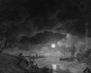 Angler Im Mondschein An Einem Hollandischen Flus by Petrus Johann Van Regemorter
