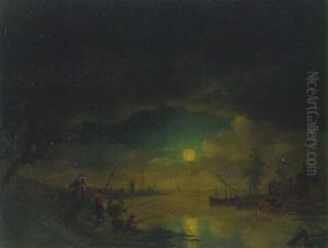 Flusslandschaft Bei Mondschein by Petrus Johann Van Regemorter