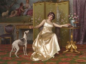 Woman Reading With An Italian Greyhound At Her Side by Vittorio Reggianini
