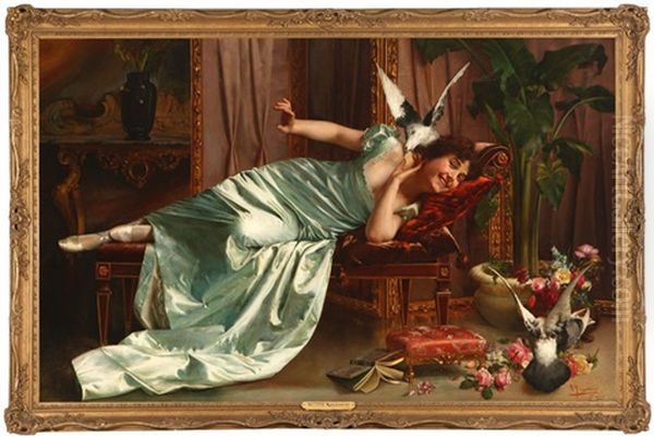 Fowl Play, Reclining Woman In A Mint Green Gown Frolicking With Doves In A Salon - view 1