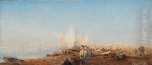 View From Egypt With Merchants, In The Background A City by Regnault Henri