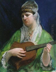 A Turkish Lady Playing Music by Regnault Henri