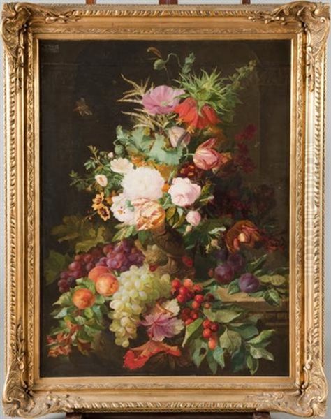 Vase De Fleurs Sur Un Entablement Et Composition De Fruits - view 1