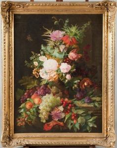 Vase De Fleurs Sur Un Entablement Et Composition De Fruits